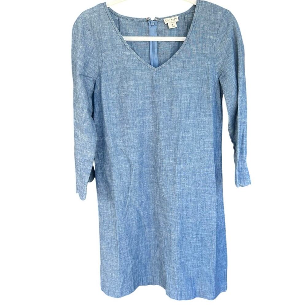 J. by J.Crew Chambray Shift Dress Size 4 Blue Scallop Sleeve Cotton V Neck - Picture 2 of 6